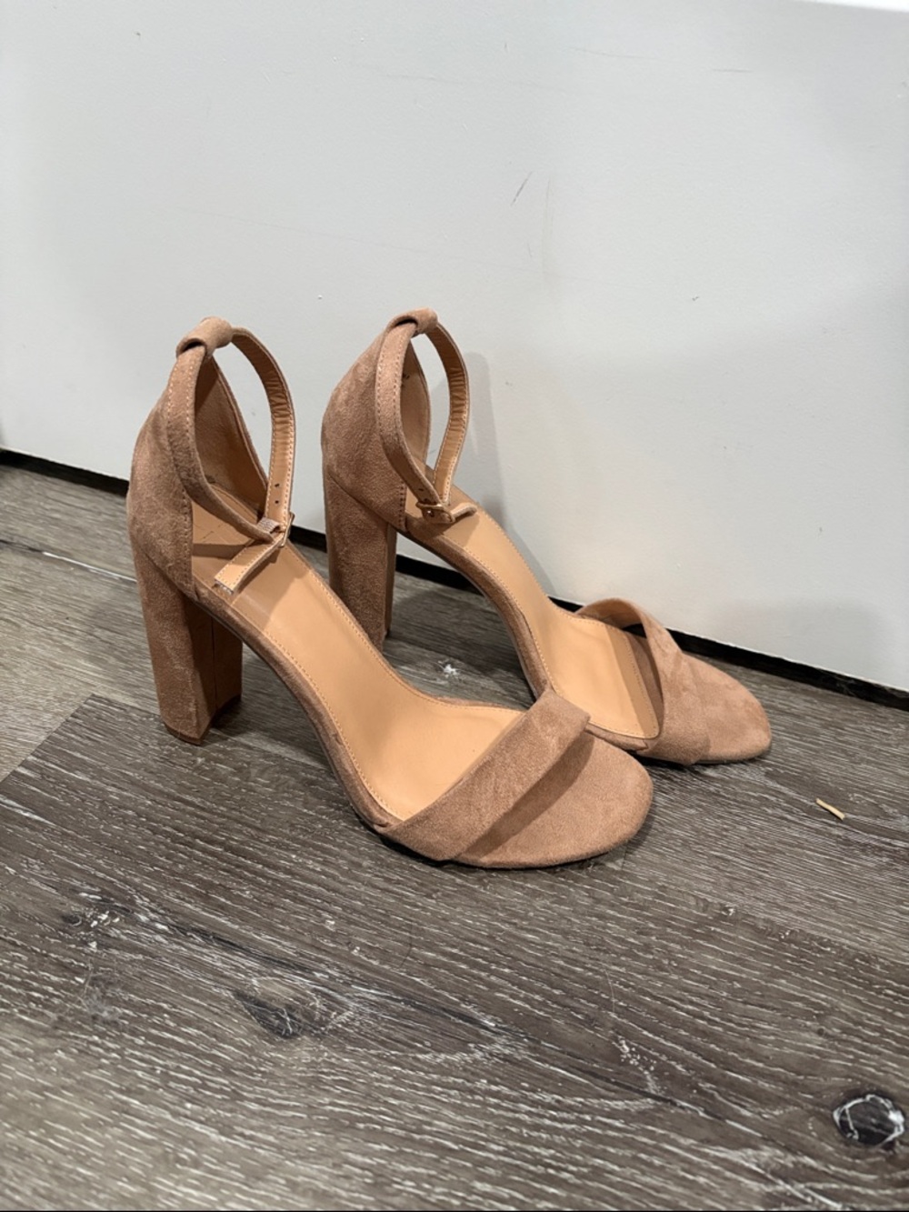 JustFab Tan Suede Ankle-Strap Block Heels